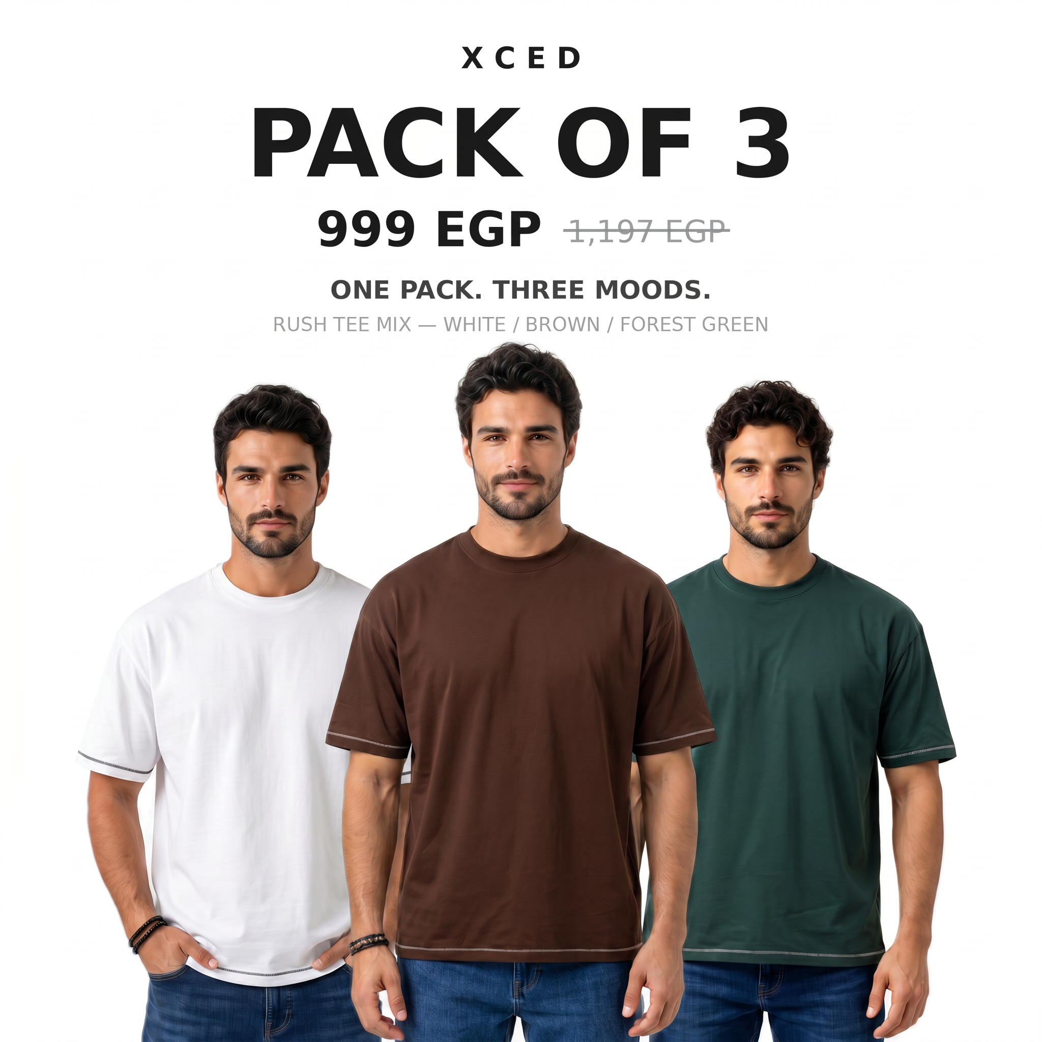 Pack of 3 Rush Tee Mix White Brown Forest Green