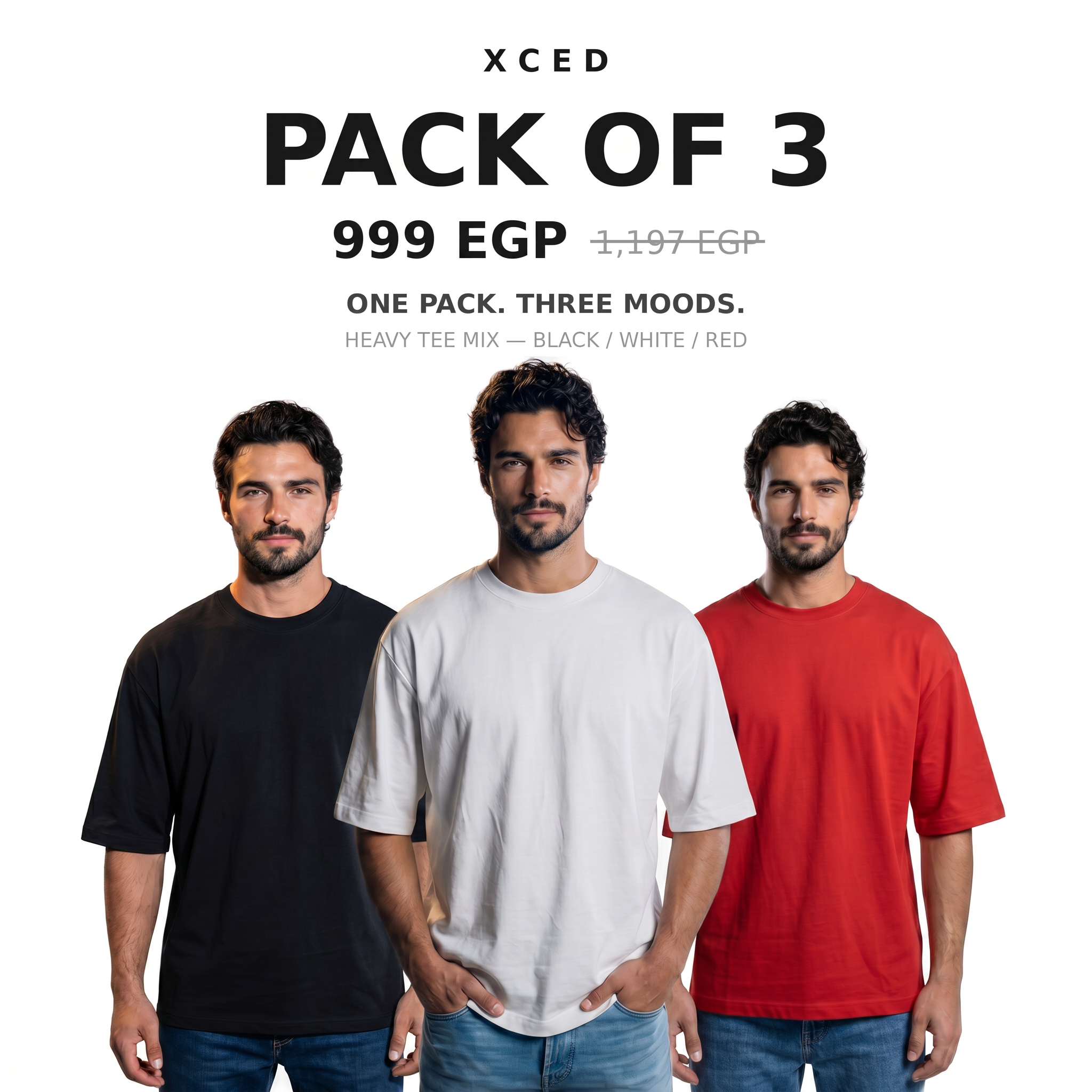 Pack of 3 — Heavy Tee Mix (Black / White / Red)