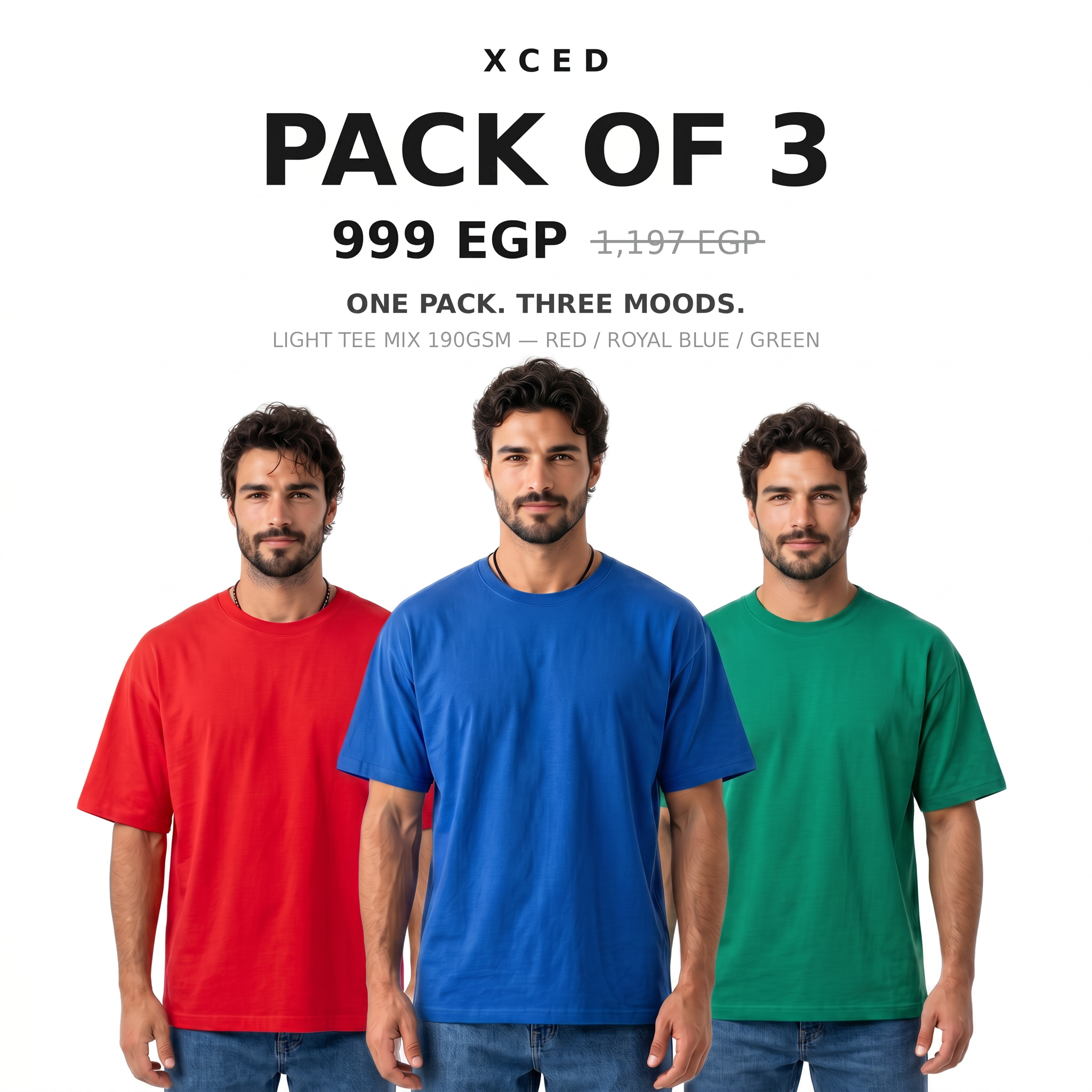 Pack of 3 Light Tee Mix Red Royal Blue Green