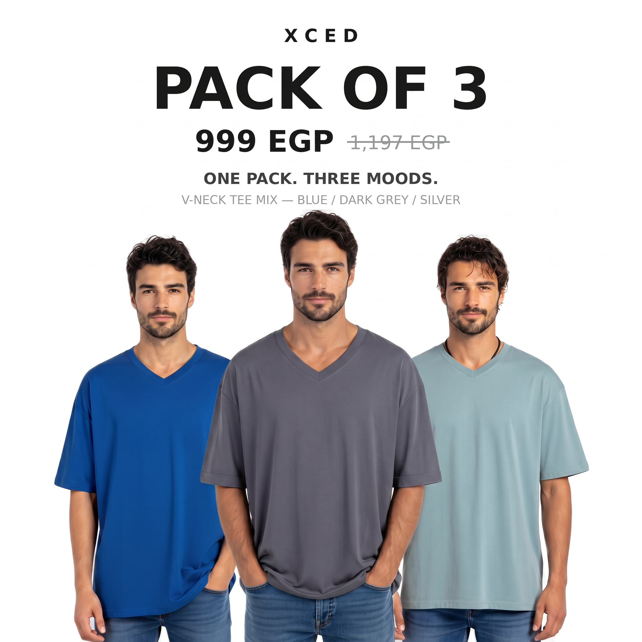 Pack of 3 V-neck Tee Mix Blue Dark Grey Silver