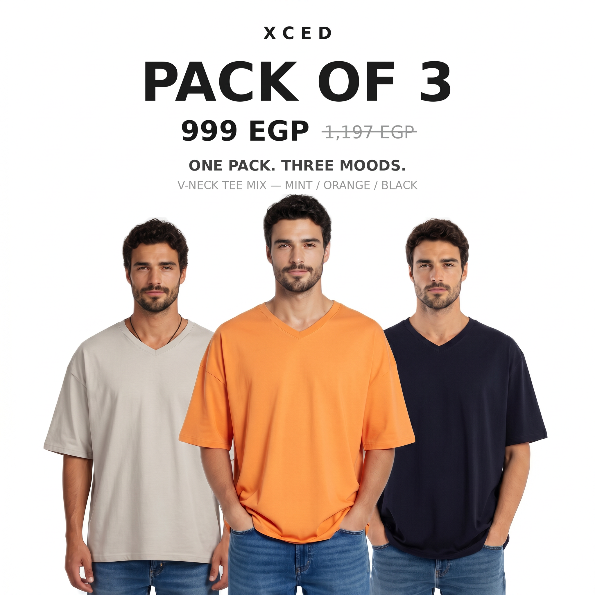 Pack of 3 V-neck Tee Mix Mint Orange Black
