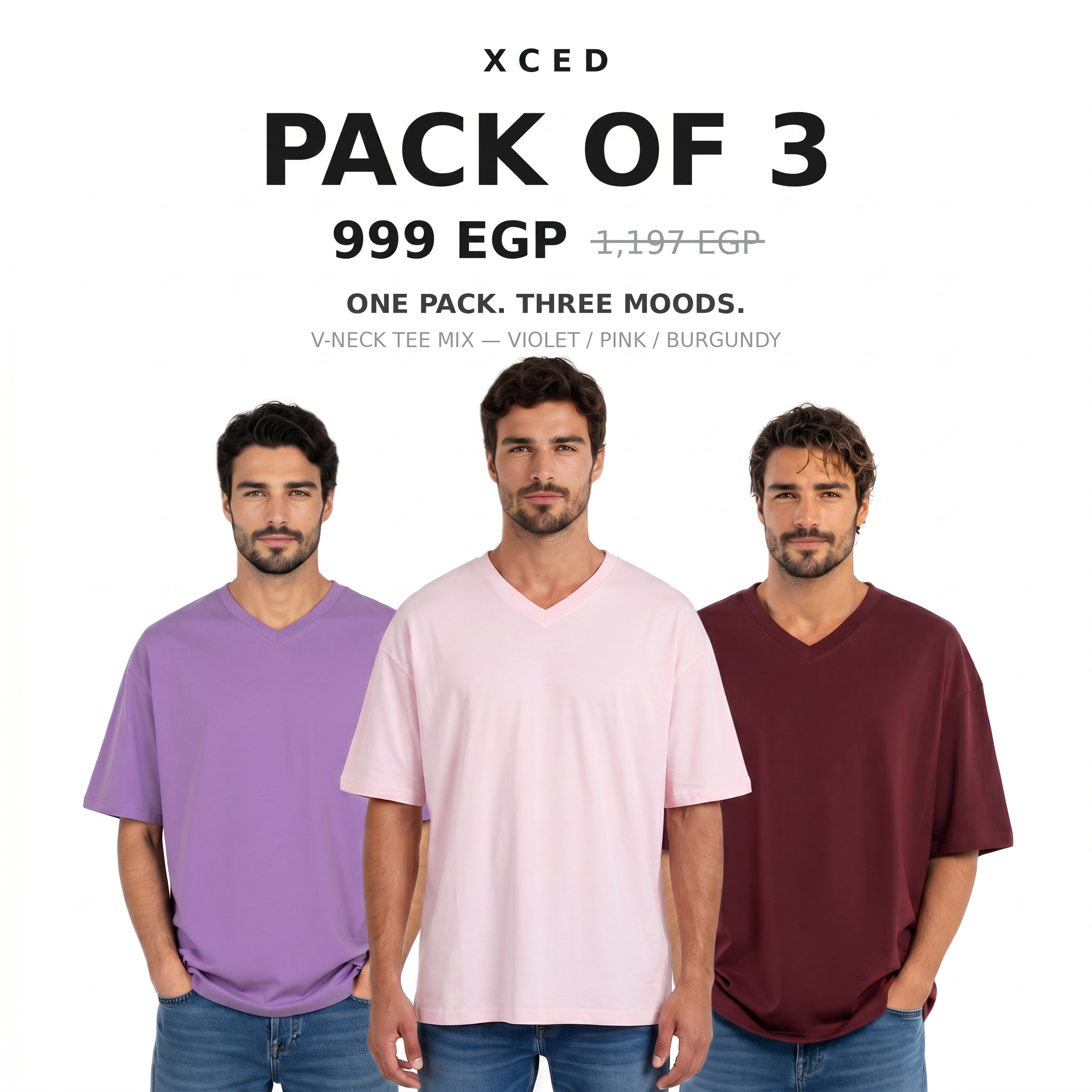 Pack of 3 V-neck Tee Mix Violet Pink Burgundy
