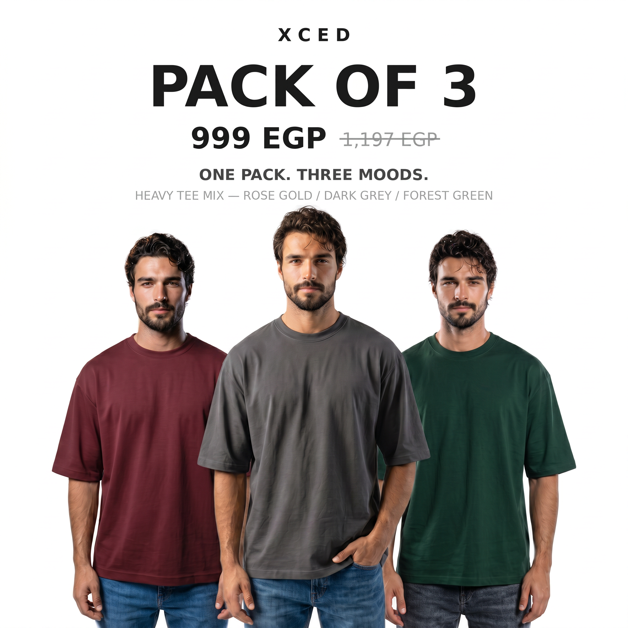 Pack of 3 Heavy Tee Mix Rose Gold Dark Grey Forest Green