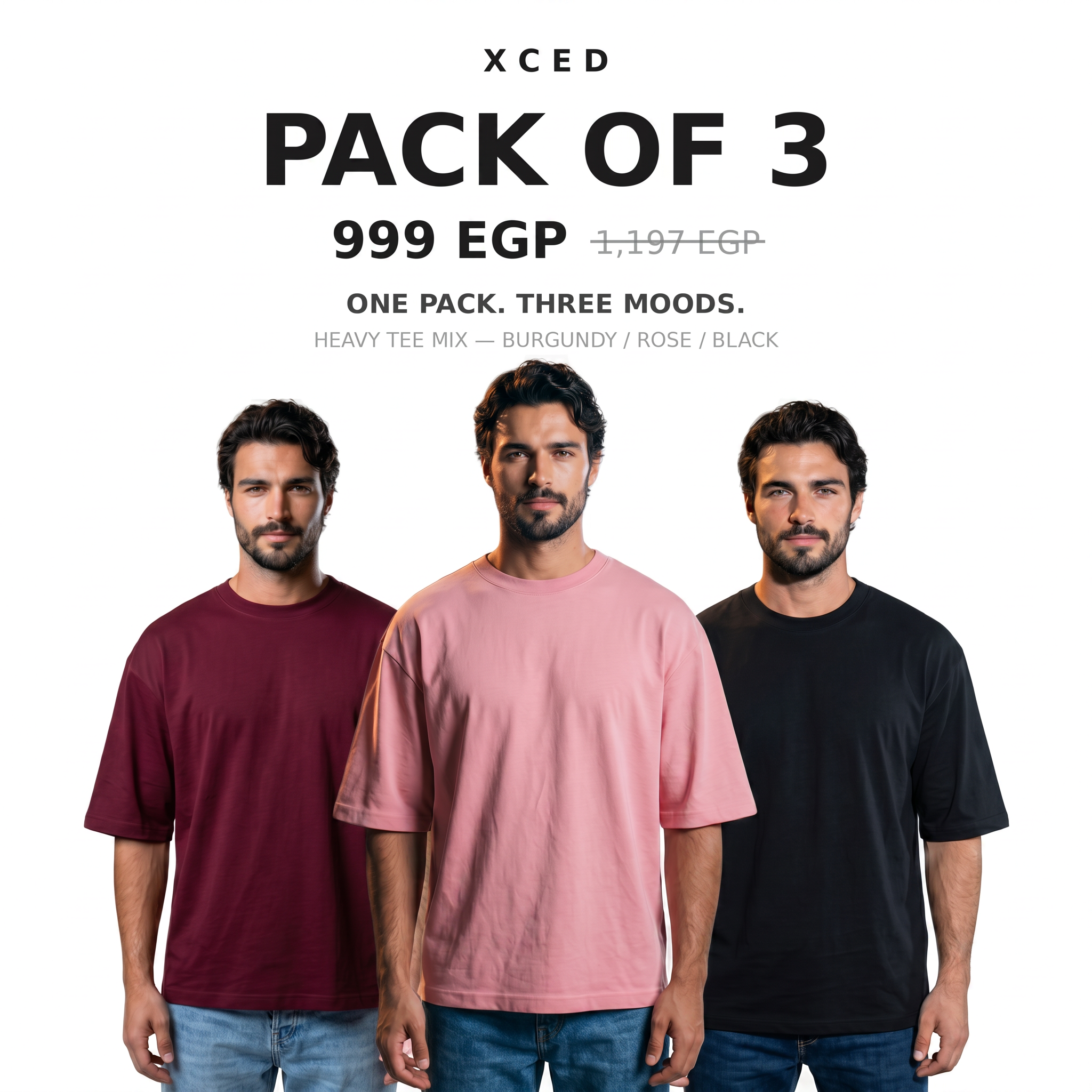 Pack of 3 Heavy Tee Mix Burgundy Rose Black